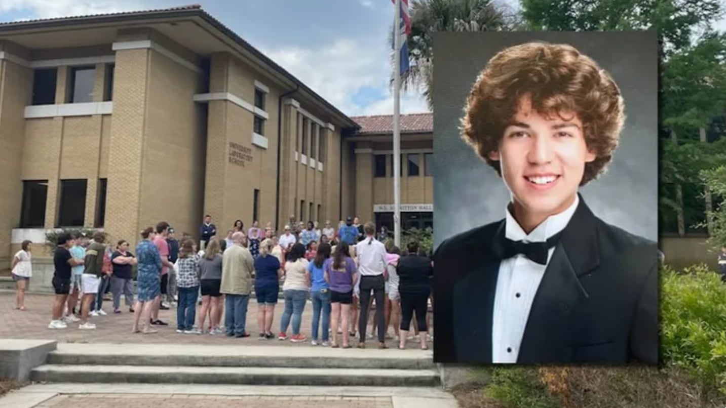 A picture of Cameron Robbins overlayed over another picture of people remembering the 18-year-old.