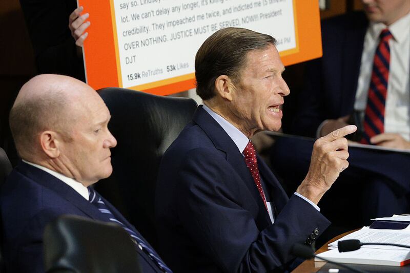 Sen. Richard Blumenthal (D-CT) questions U.S. Attorney General Pam Bondi as she testifies before the Senate Judiciary Committee in the Hart Senate Office Building on Capitol Hill on October 07, 2025 in Washington, DC. Bondi is expected to face criticism from Democrats on the Justice Department’s targeting of President Trump’s political opponents, including the recent indictment of former FBI Director James Comey.