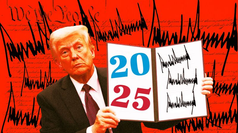 A photo illustration of Donald Trump signing executive orders.