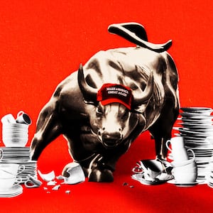 Wall Street Bull wearing a MAGA hat with china dishes around it