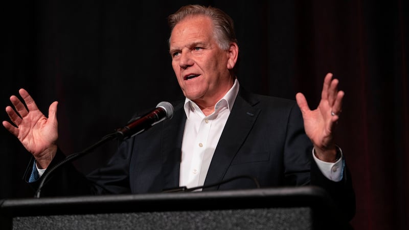 Republican U.S. Senate candidate Mike Rogers speaks at his election watch party with the MIGOP on November 5, 2024 in Novi, Michigan. Rogers and Democrat Elissa Slotkin are competing for the seat vacated by the retiring Debbie Stabenow.