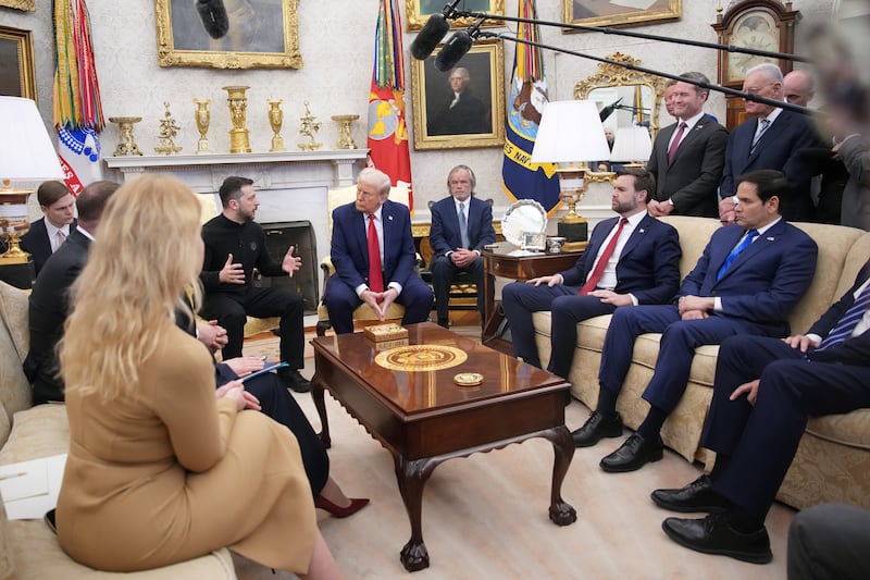 President Donald Trump and Ukrainian President Volodymyr Zelensky meet in the Oval Office at the White House on February 28, 2025 in Washington, DC. Trump and Zelensky are meeting today to sign a preliminary agreement on sharing Ukraine’s mineral resources that Trump says will allow America to recoup aid provided to Kyiv while supporting Ukraine’s economy. Vice President JD Vance and Secretary of State Marco Rubio also attended the meeting.