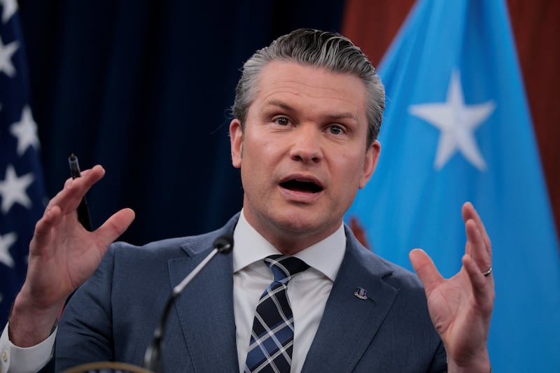 U.S. Secretary of Defense Pete Hegseth holds a briefing with Chairman of the Joint Chiefs of Staff General Dan Caine, amid the U.S.-Israeli war on Iran, at the Pentagon in Washington, D.C., U.S., March 19, 2026. REUTERS/Evan Vucci