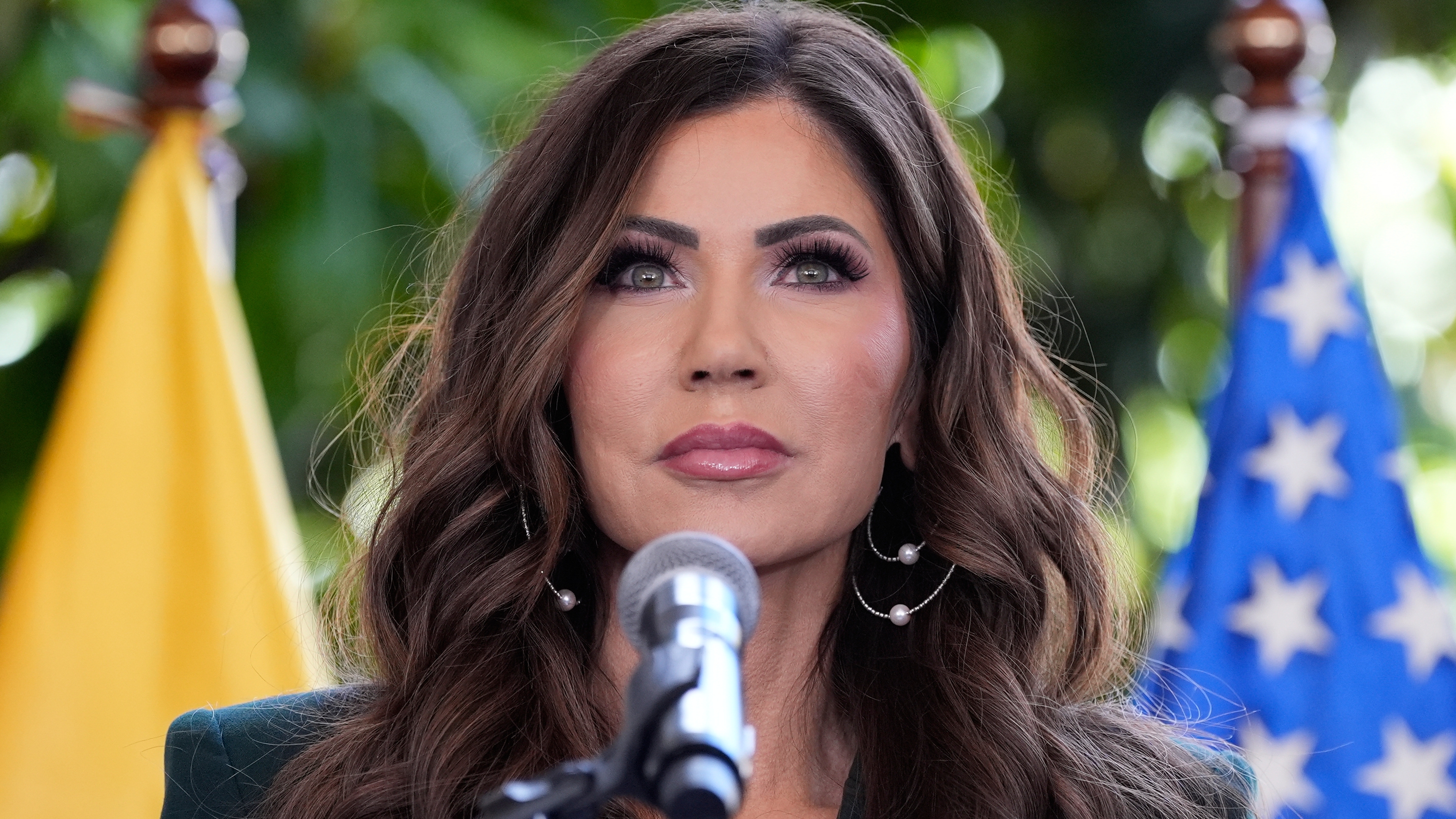 Homeland Security Secretary Kristi Noem speaks during a press briefing on July 31, 2025 in Quito, Ecuador.