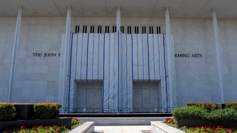 A tarp covers the name of the John F. Kennedy Centre for the Performing Arts in Washington, D.C., U.S., August 29, 2026.