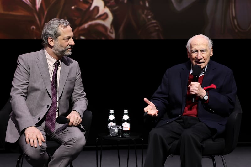 Judd Apatow and Mel Brooks speak onstage during the LA premiere of "Mel Brooks: The 99 Year Old Man!"