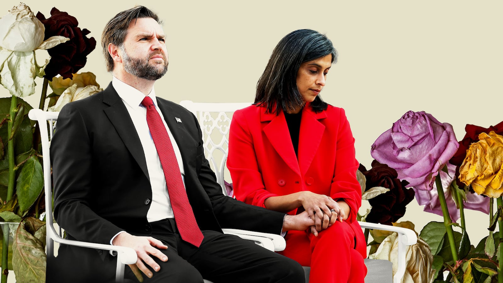 JD Vance and Usha Vance seated holding hands with wilting flowers behind them