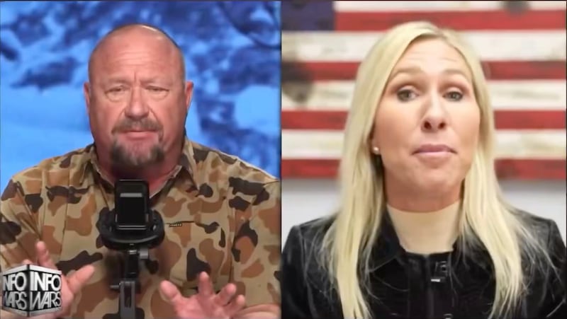 Marjorie Taylor Greene appears on Infowars with Alex Jones.