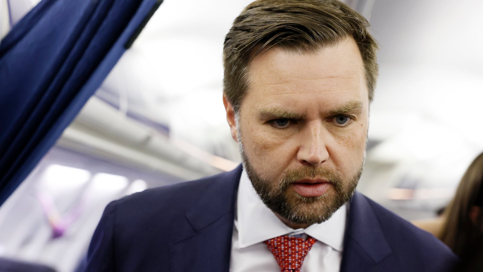 Republican vice presidential nominee U.S. Sen. JD Vance speaks to reporters aboard “Trump Force 2.”