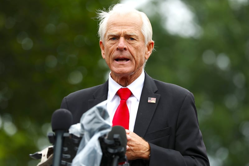 White House senior counselor for trade and manufacturing Peter Navarro speaks to reporters outside of the West Wing of the White House on August 21, 2025 in Washington, DC.