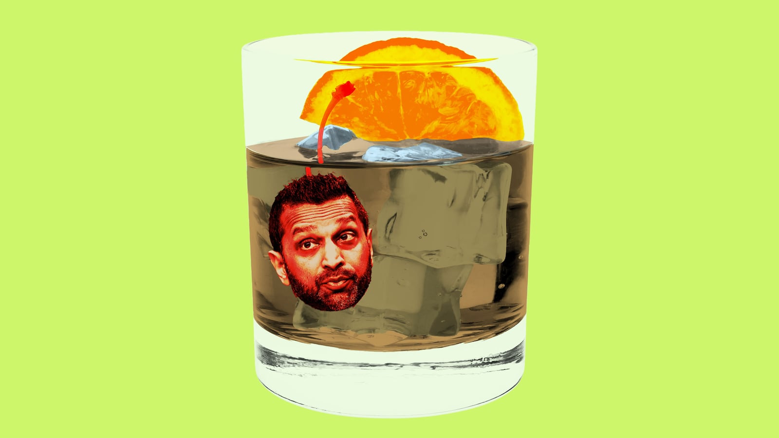 Illo illustration of Kash Patel as as cherry in an old fashioned drink