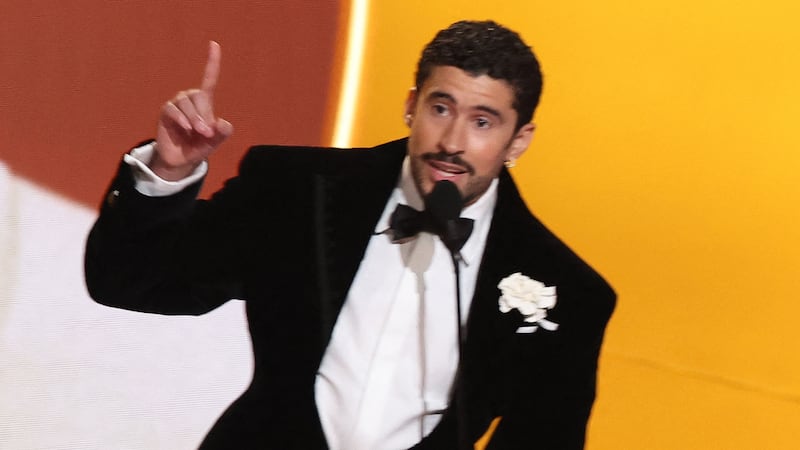 Puerto Rican singer Bad Bunny accepts the award for Best Musica Urbana Album on stage during the 68th Annual Grammy Awards at the Crypto.com Arena in Los Angeles on February 1, 2026.