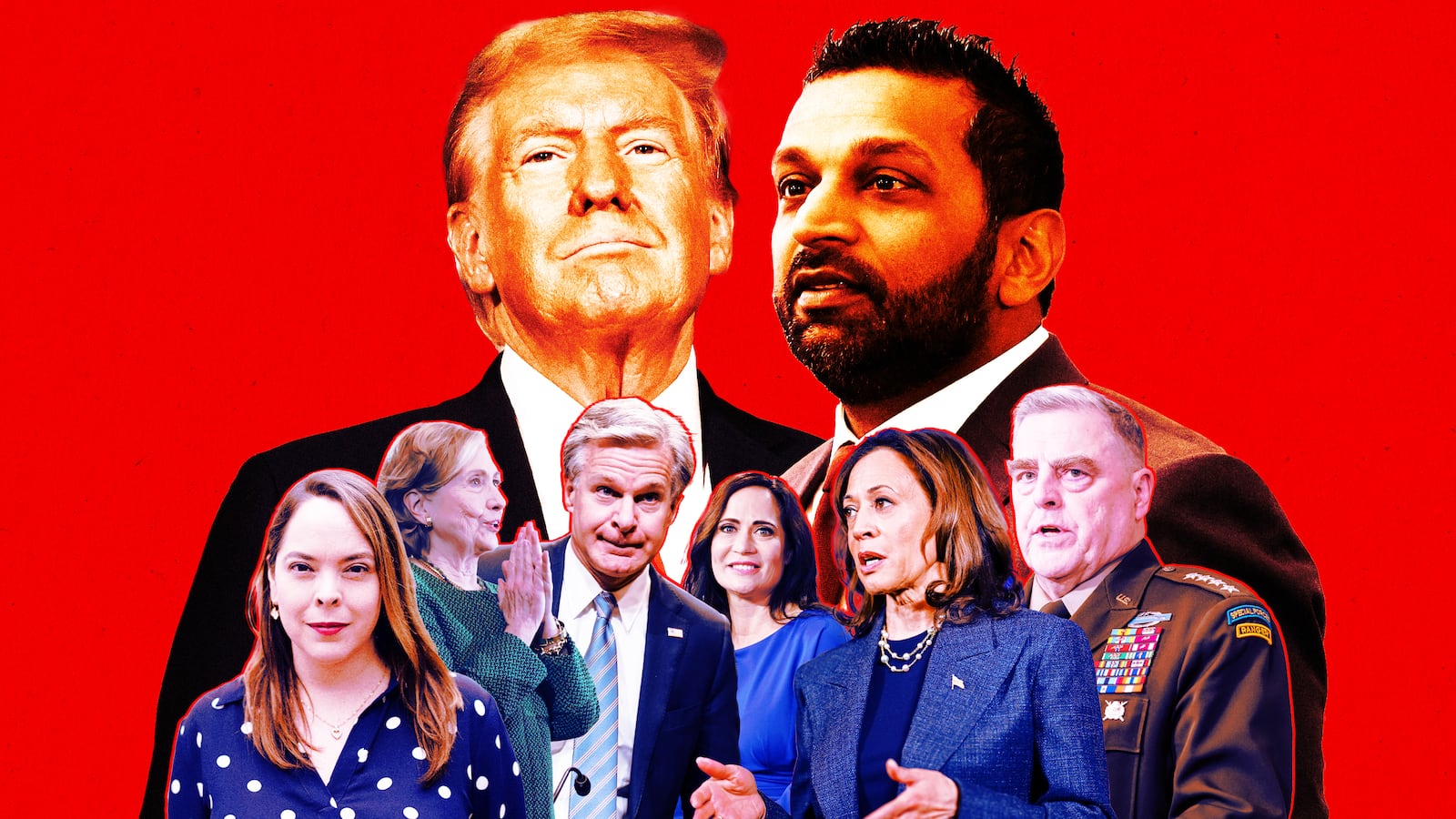 A photo illustration of Donald Trump, Kash Patel, Hillary Clinton, Christopher Wray, Stephanie Grisham, Olivia Troye, Kamala Harris, and Mark Milley.