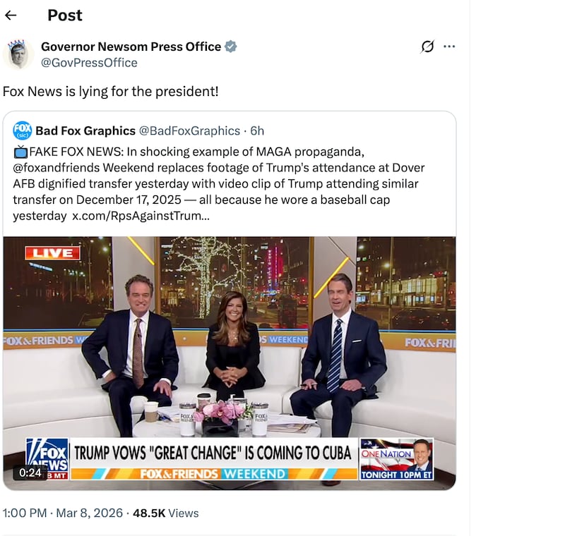 Gov. Gavin Newsom joined the chorus opposing Fox News on Sunday.