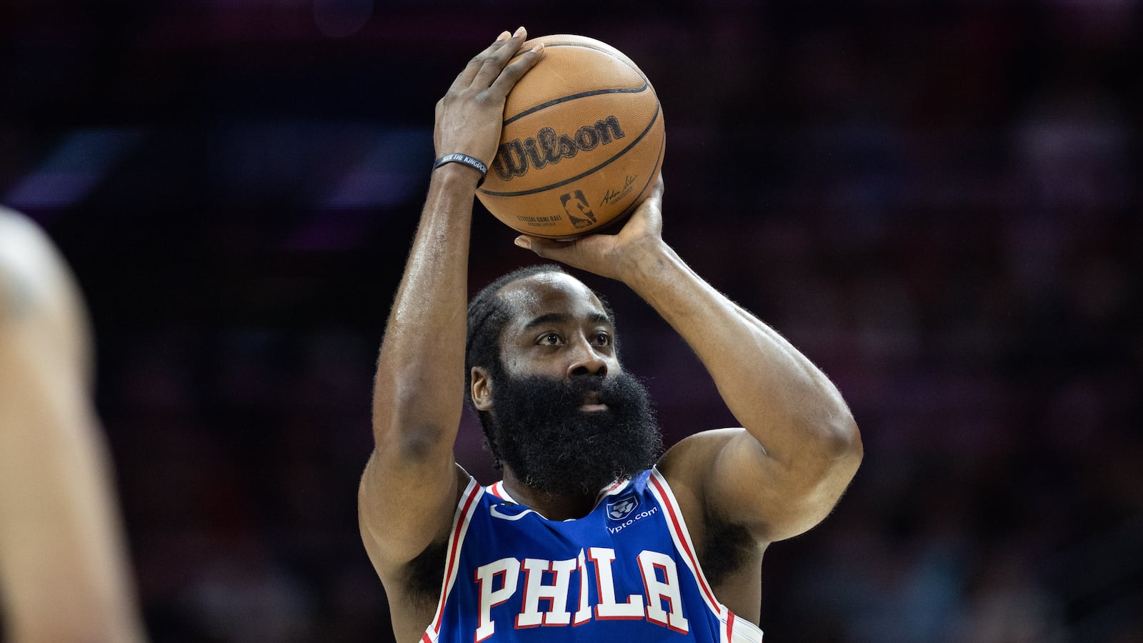 Philadelphia 76ers guard James Harden shoots against the Boston Celtics during the first quarter in Game 6 of the 2023 NBA playoffs at Wells Fargo Center.