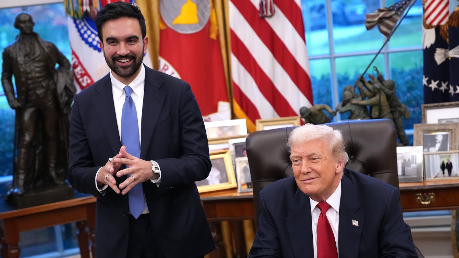 WASHINGTON, DC - NOVEMBER 21: U.S. President Donald Trump meets with New York City Mayor-elect Zohran Mamdani (L) in the Oval Office of the White House on November 21, 2025 in Washington, DC. Trump congratulated Mamdani on his election win as the two political opponents met to discuss policies for New York City, including affordability, public safety, and immigration enforcement. (Photo by Andrew Harnik/Getty Images)