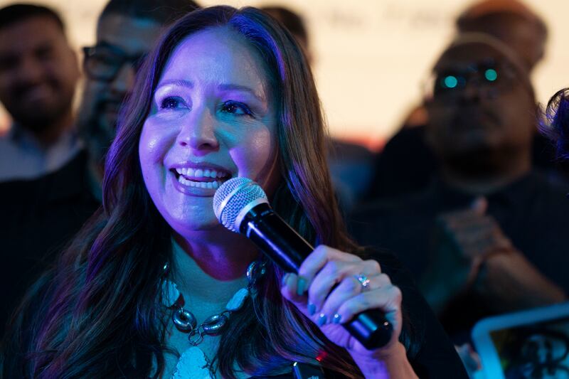TUCSON, ARIZONA - JULY 15: Democratic U.S. congressional candidate Adelita Grijalva speaks at a primary election-night party at El Casino Ballroom on July 15, 2025 in South Tucson, Arizona. Grijalva, the Pima County supervisor, is running in a special election held for the state's 7th District seat vacated by the death of her father, longtime U.S. Rep. Raul Grijalva. (Photo by Rebecca Noble/Getty Images)
