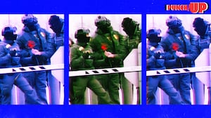 A photo illo illustration of a DHS ICE agent hand a rose taken from Renee Good's memorial and handing it to another ICE agent outside the Whipple Federal Building in Minneapolis on Jan. 8.