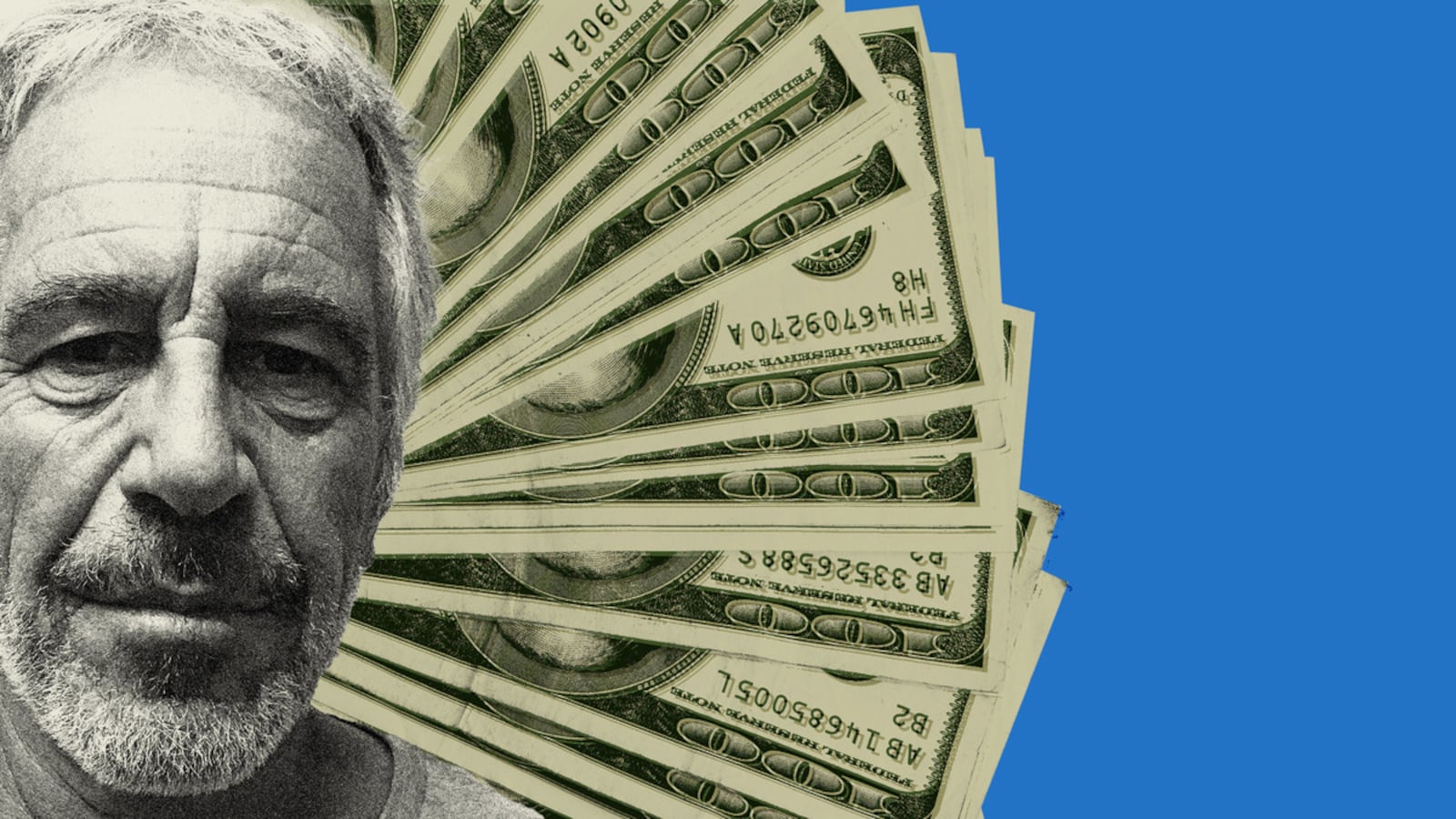 Photo illustration of Jeffrey Epstein’s mugshot with a splay of $100 bills collaged behind him.