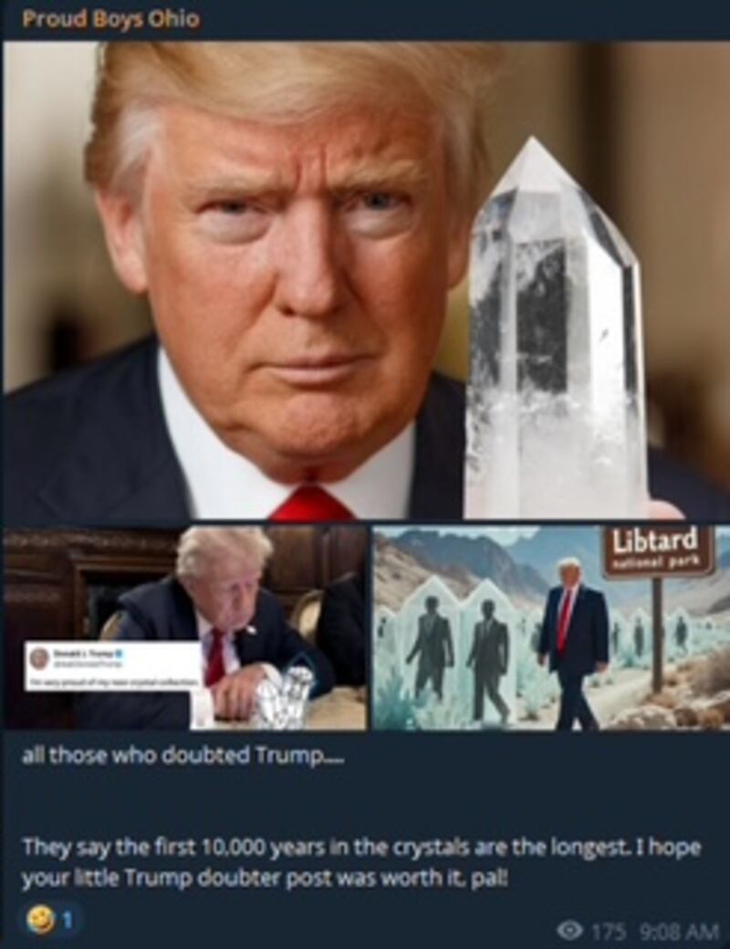The Proud Boys Ohio using imagery of "Libtards" trapped in crystals is similar to a recent post by DHS of immigrants trapped in crystals.