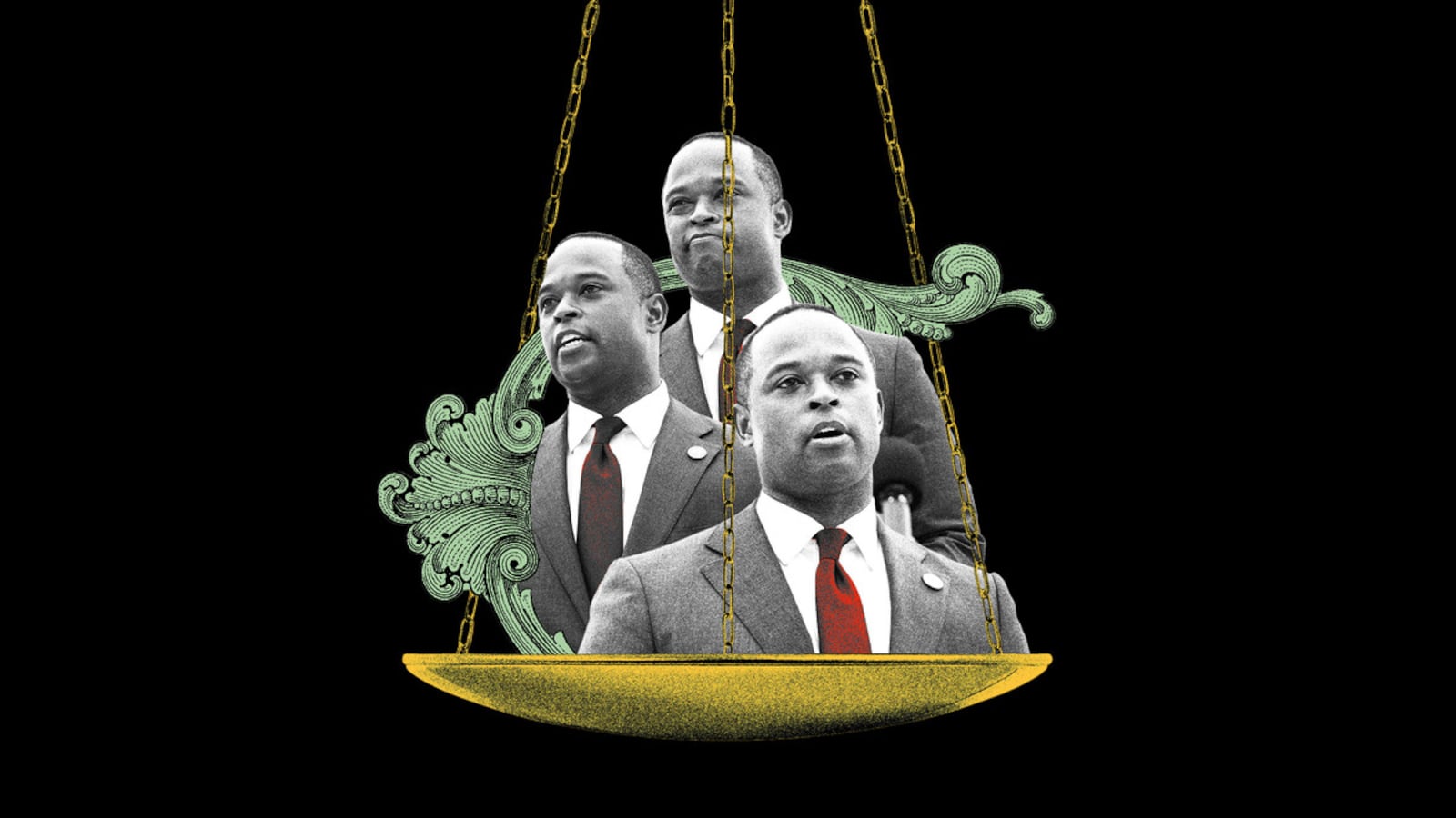 Photo illustration of attorney general of Kentucky, Daniel Cameron, in the scales of justice.