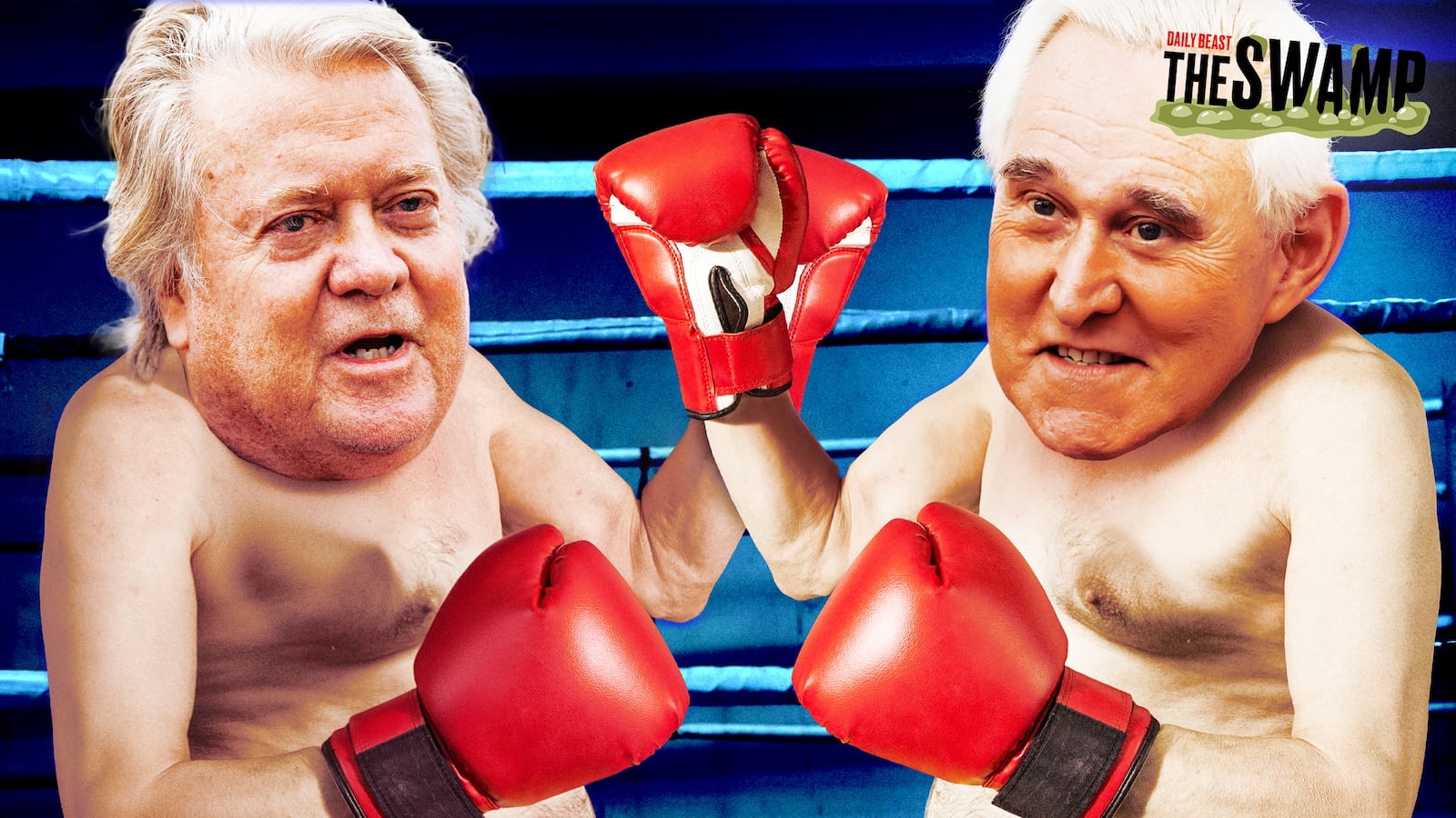 A photo illustration for The Swamp of Steve Bannon and Roger Stone as boxers in a ring.