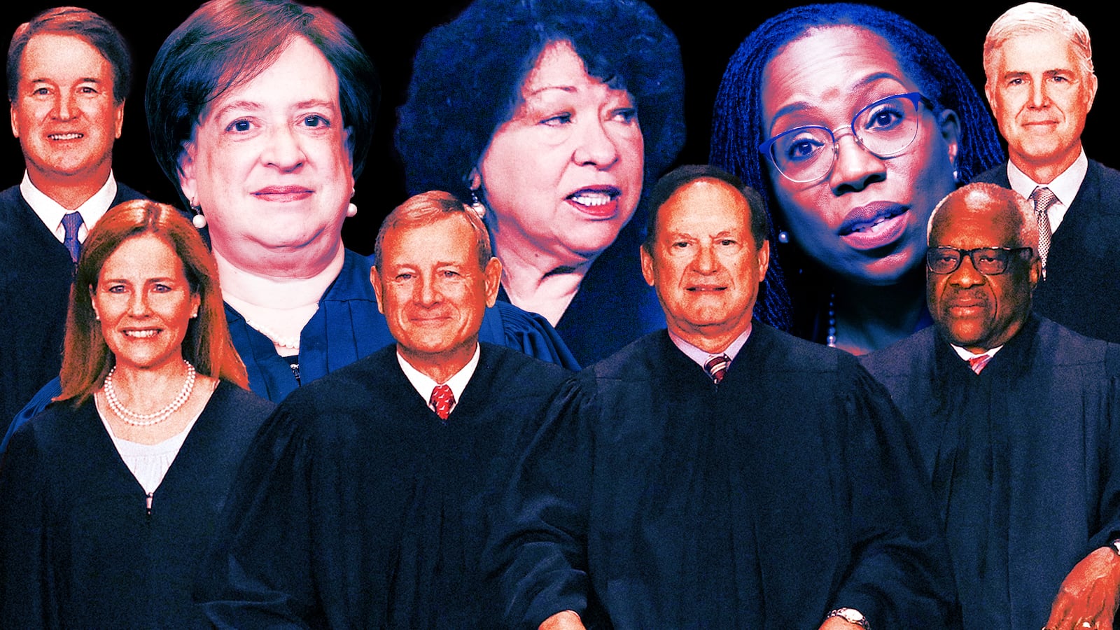 A photo illo illustration of liberal and conservative Supreme Court justices.