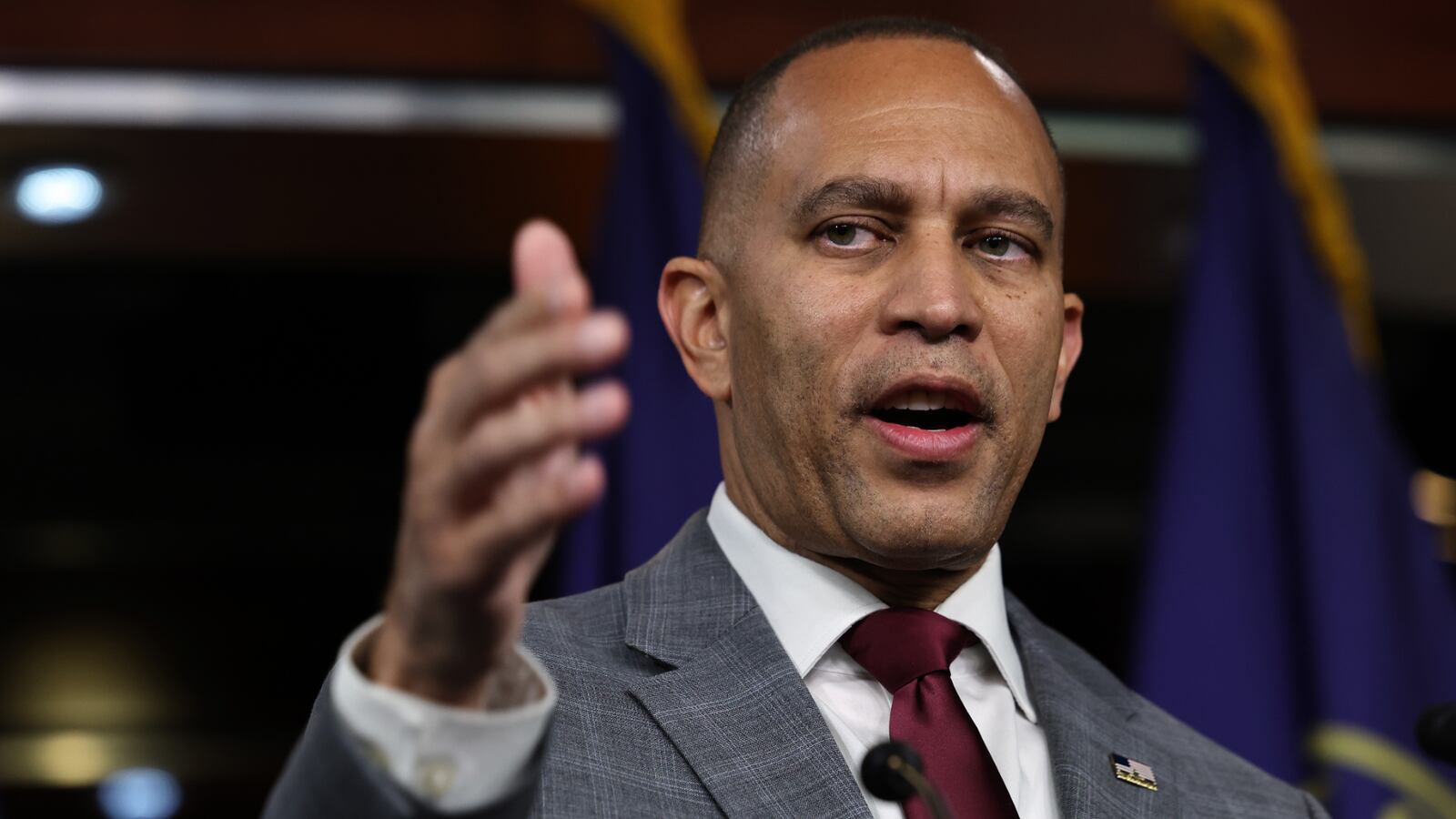 WASHINGTON, DC - DECEMBER 19: House Minority Leader Hakeem Jeffries (D-NY) speaks during a news conference in the House Visitors Center at the U.S. Capitol on December 19, 2024 in Washington, DC. With a government shutdown looming, Jeffries said the bipartisan deal on a federal budget continuing resolution is what House Democrats agreed to and support despite President-elect Donald Trump, billionaire Elon Musk and other Republican leaders attempting to torpedo the agreement at the last minute. (Photo by Chip Somodevilla/Getty Images)