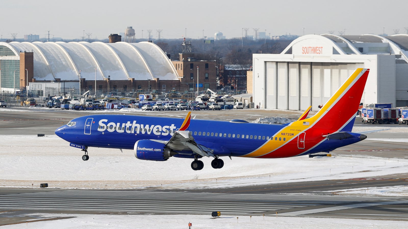 A Southwest Airlines plane lands at the Chicago Midway International Airport.