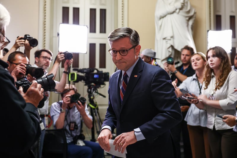 WASHINGTON, DC - JULY 22: U.S. Speaker of the House Mike Johnson (R-LA) departs after speaking to the press in the U.S. Capitol on July 22, 2026 in Washington, DC. Johnson is working to pass legislation and funding prior to a 5-week House recess. (Photo by Finn Gomez/Getty Images)