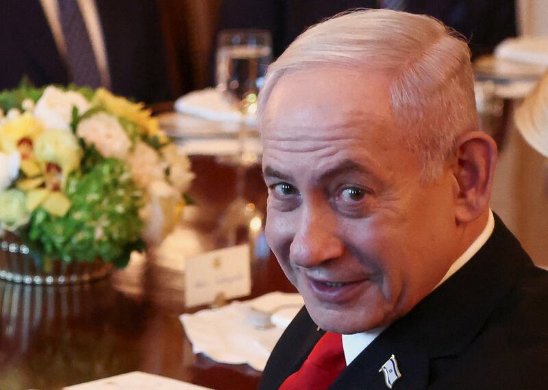 Israeli Prime Minister Benjamin Netanyahu attends a bilateral dinner held by U.S. President Donald Trump (not pictured), at the White House in Washington, D.C., U.S., July 7, 2025. REUTERS/Kevin Lamarque