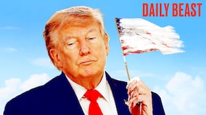 Donald Trump waves a (white) American flag.
