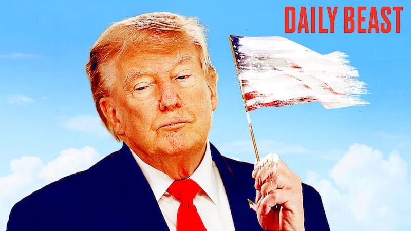 Donald Trump waves a (white) American flag.