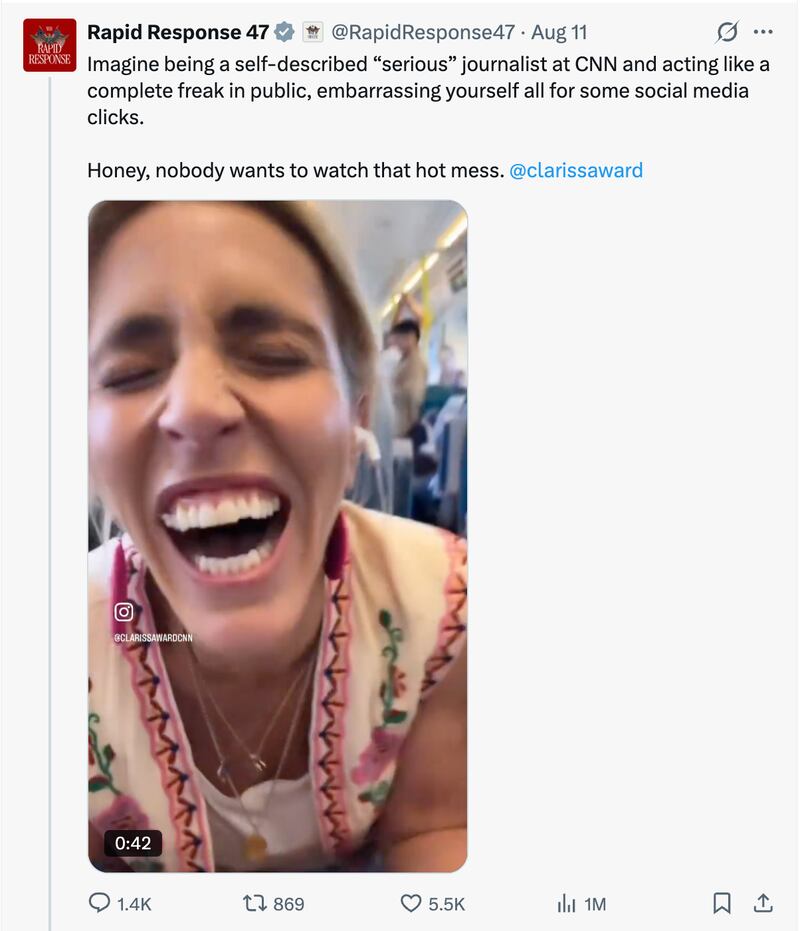 Trump's White House called award-winning warzone reporter Clarissa Ward a "complete freak." X/@RapidResponse47