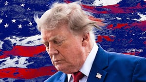A photo illustration of Donald Trump and a torn American flag.