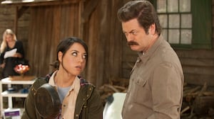 Aubrey Plaza and Nick Offerman on "Parks and Recreation"