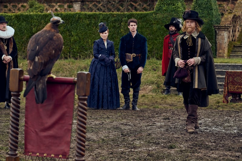 A photo still of Julianne Moore, Nicholas Galitzine, and Tony Curran in Mary & George