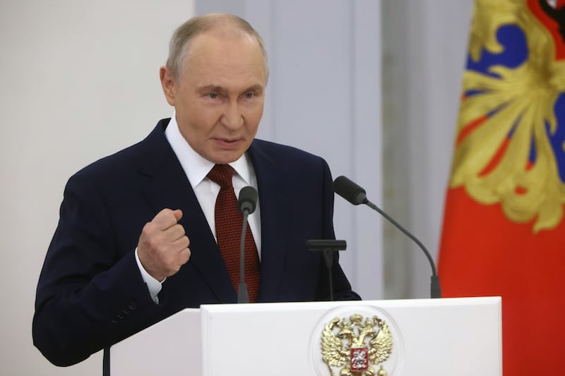 Russian President Vladimir Putin speaks at the Saint George's Hall of Grand Kremlin Palace during his meeting with State Duma deputies, on July 27, 2026 in Moscow, Russia.
