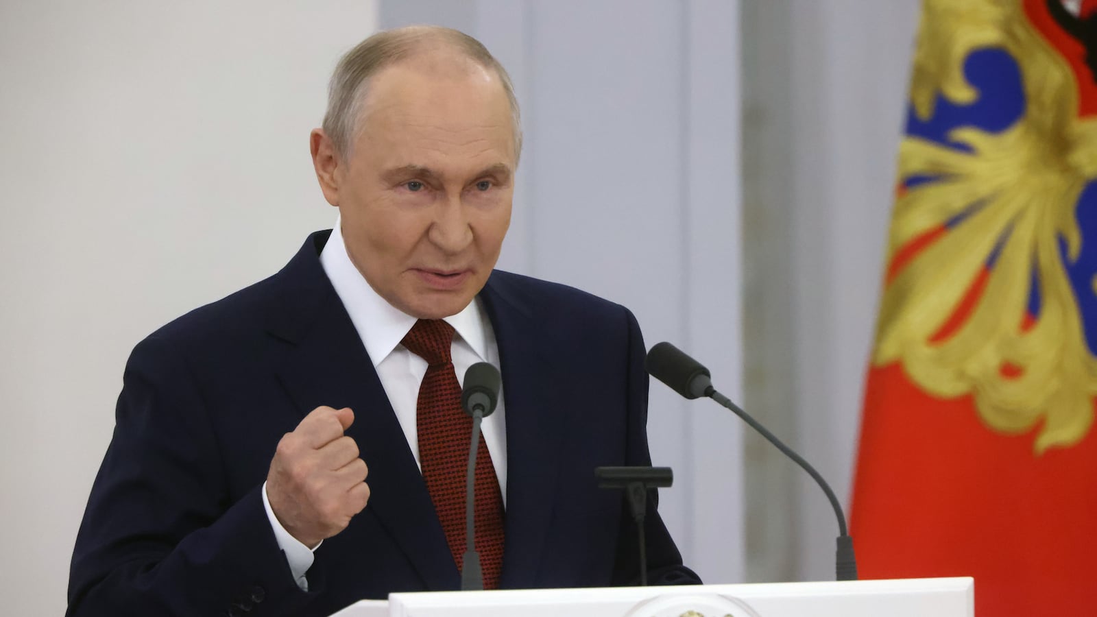 Russian President Vladimir Putin speaks at the Saint George's Hall of Grand Kremlin Palace during his meeting with State Duma deputies, on July 27, 2026 in Moscow, Russia.