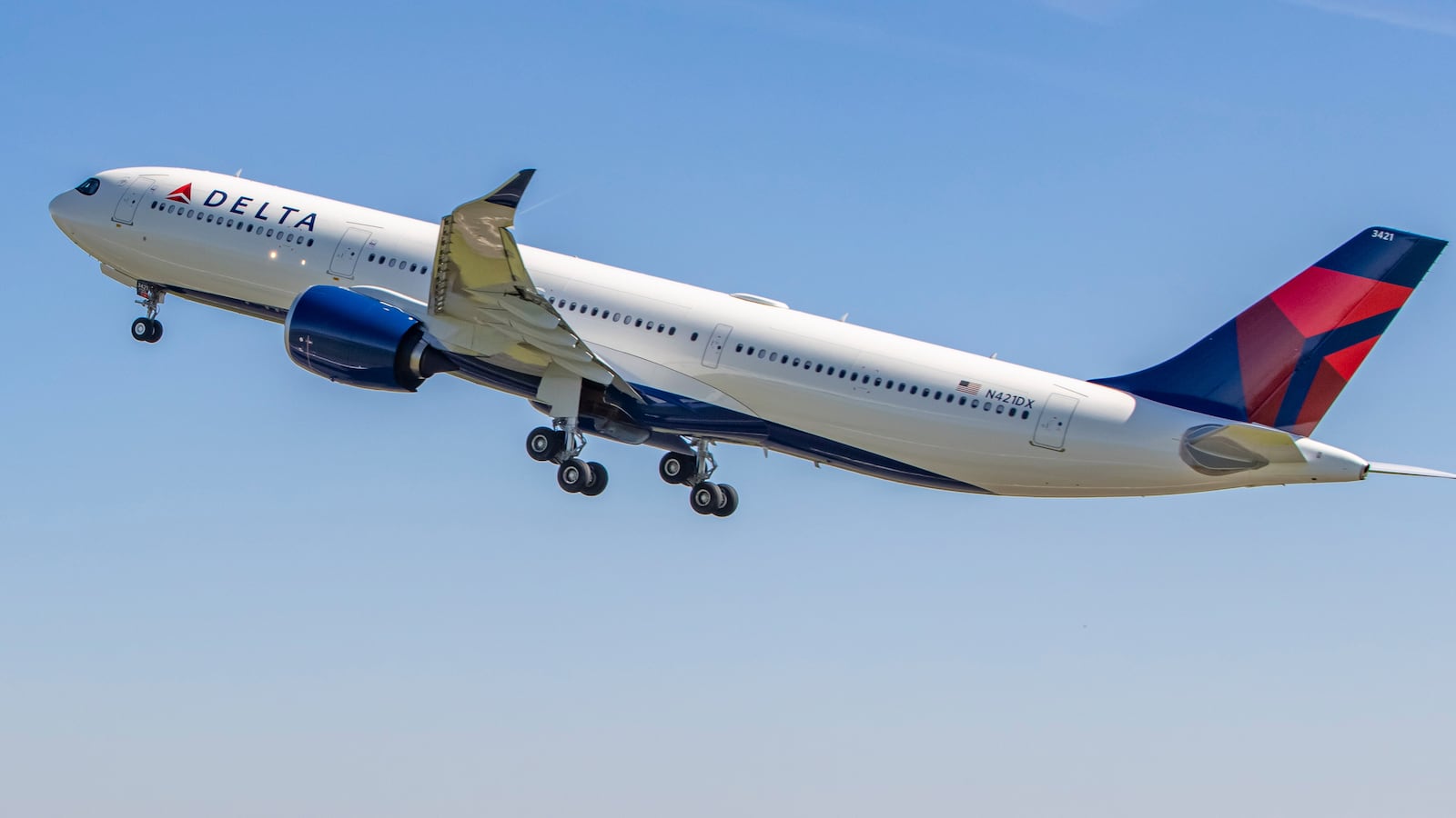 Delta Air Lines Airbus A330neo or A330-900 aircraft with neo engine option of the European plane manufacturer, as seen departing from Amsterdam Schiphol AMS EHAM International airport from Polderbaan runway and flying in the blue sky. The modern and advanced wide body airplane has the registration - tail number N421DX and is powered by 2xRR jet engines. The passenger plane is a brand new Airbus A330-900 delivered from Airbus on March 2023. Delta is a legacy US carrier with headquarters and a hub in Atlanta Georgia and connects America to the Dutch capital on a daily basis. Delta DL DAL is the second largest airline in the world and member of SkyTeam airline aviation alliance. The global aviation industry is showing growth in passenger traffic and cargo with higher demand, more than ever after the 2 previous years with the Covid-19 Coronavirus pandemic era, Amsterdam, The Netherlands on April 19, 2023 (Photo by Nicolas Economou/NurPhoto via Getty Images)