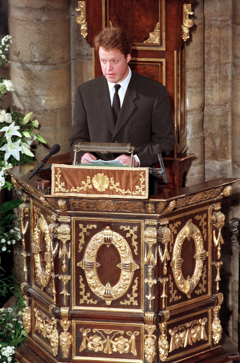 Earl Spencer delivers his address to the congregation during the funeral service for his sister, Diana, Princess of Wales.