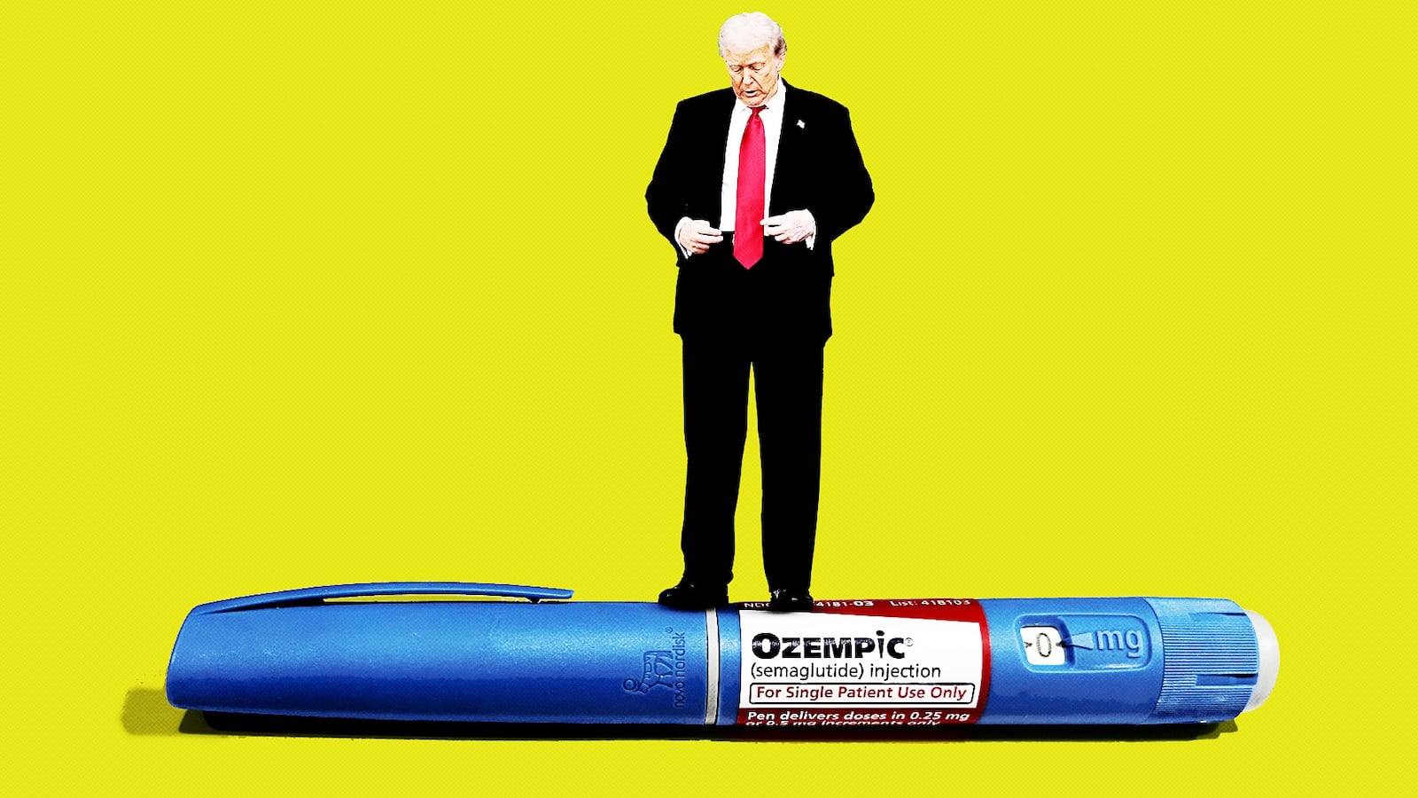 Donald Trump standing on a giant Ozempic pen.