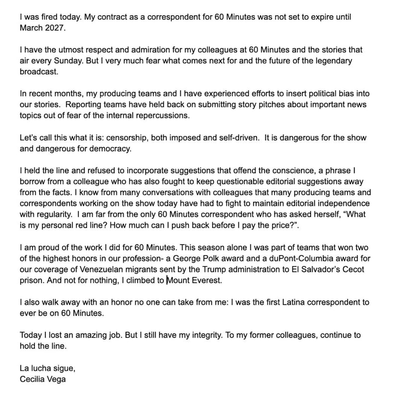 Cecilia Vega posts her statement on Instagram.