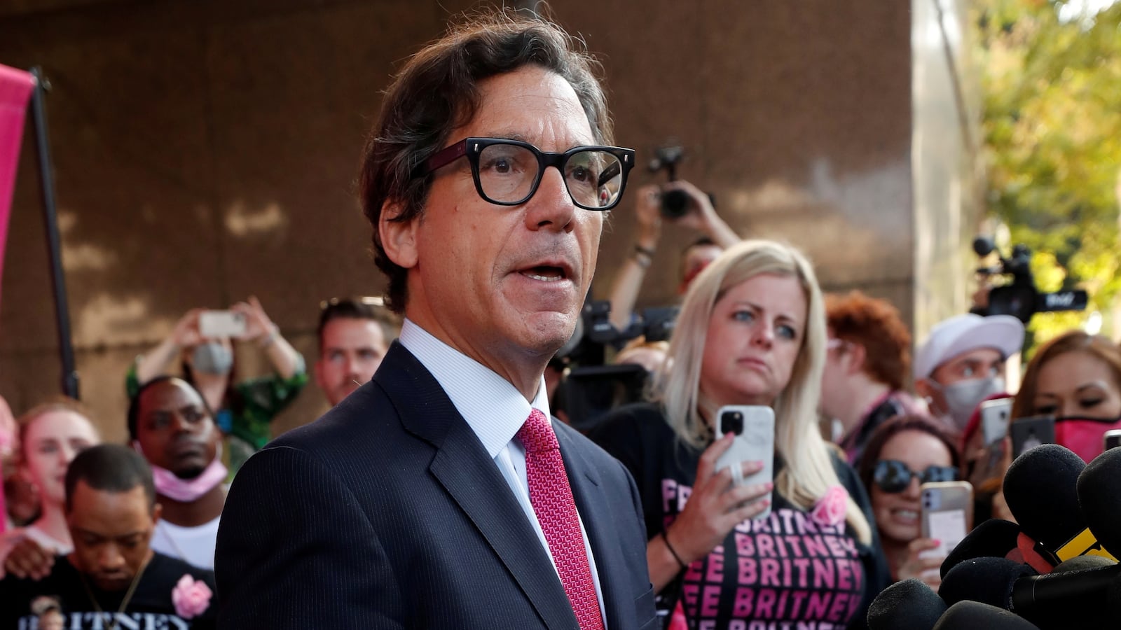 Attorney Matthew Rosengart gives a statement at Stanley Mosk Courthouse in Los Angeles, California, Sept. 29, 2021.