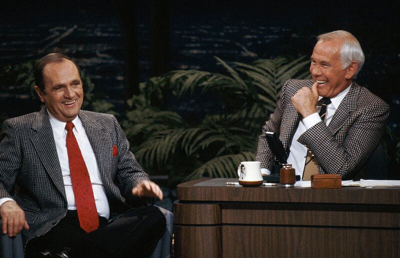 THE TONIGHT SHOW STARRING JOHNNY CARSON -- Pictured: (l-r) Actor Bob Newhart during an interview with host Johnny Carson  (Photo by Chris Haston/NBCU Photo Bank/NBCUniversal via Getty Images via Getty Images)