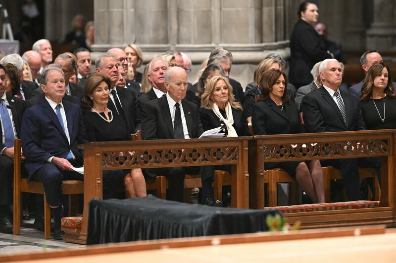 Former US President George W. Bush his wife Laura Bush, Former US President Joe Biden, his wife Jill Biden, former US Vice President Kamala Harris, former US Vice President Mike Pence and his wife Karen Pence attend the funeral service for late US Vice President Dick Cheney at the Washington National Cathedral in Washington, DC, on November 20, 2025.