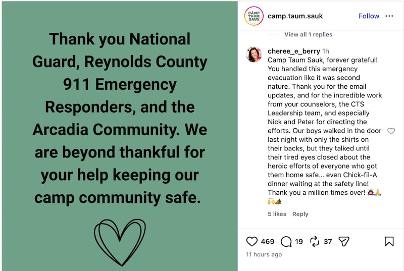 An Instagram post from Camp Taum Sauk thanking emergency responders was met with much praise from the parents of campers.