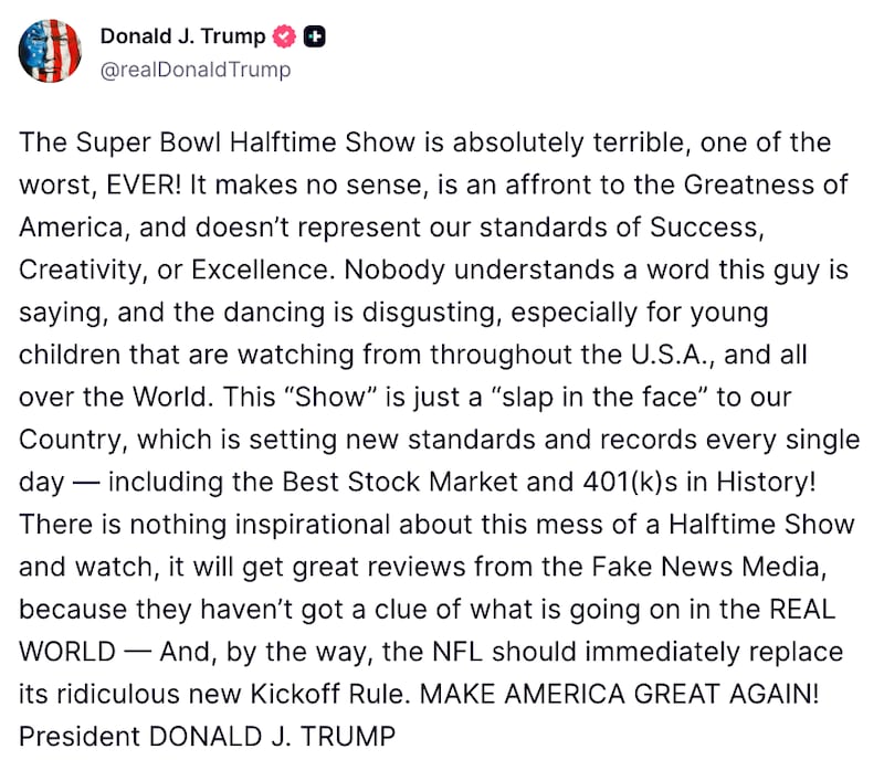 Donald Trump Truth Social post about Bad Bunny's Super Bowl performance