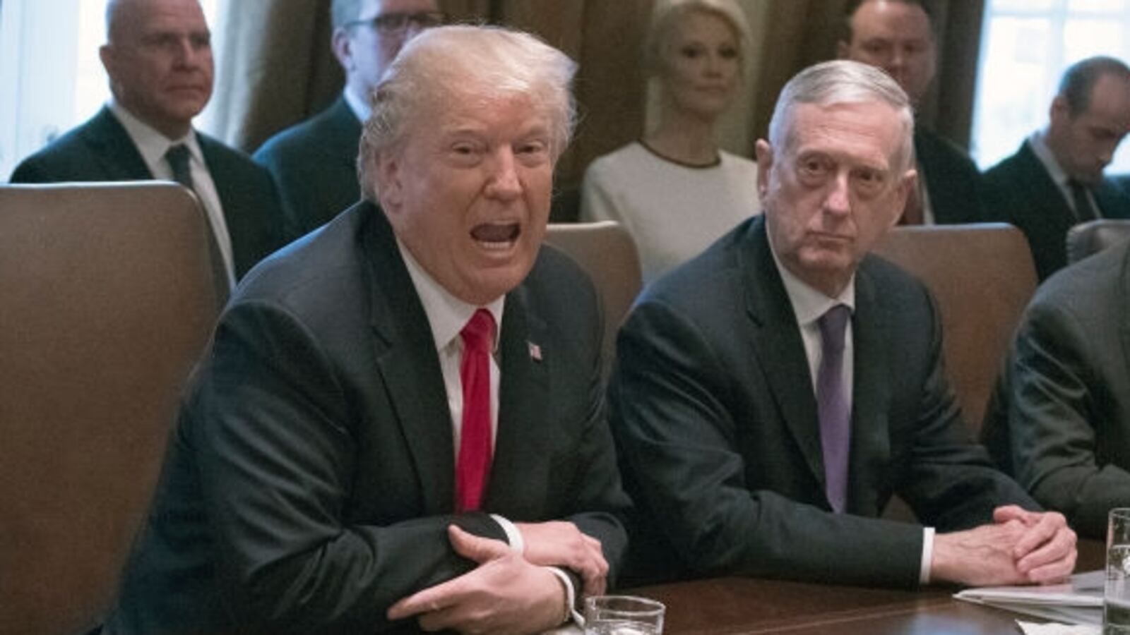 Then-President Donald Trump, center, makes opening remarks as he holds a Cabinet meeting in the White House on January 10, 2018. Defense Secretary James Mattis sits to Trump’s right.