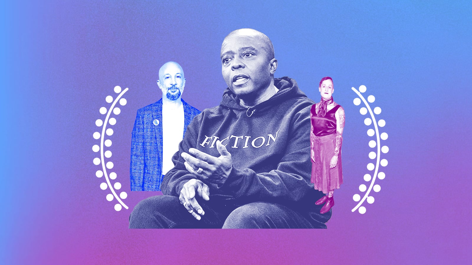 A photo illustration of Yance Ford, Jules Rosskam, and Jude Harris between Sundance laurel wreaths